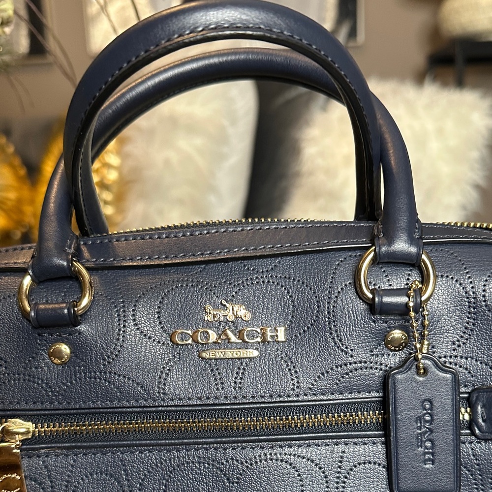 Coach Dark Blue Embossed Leather Satchel - Picture 3 of 8